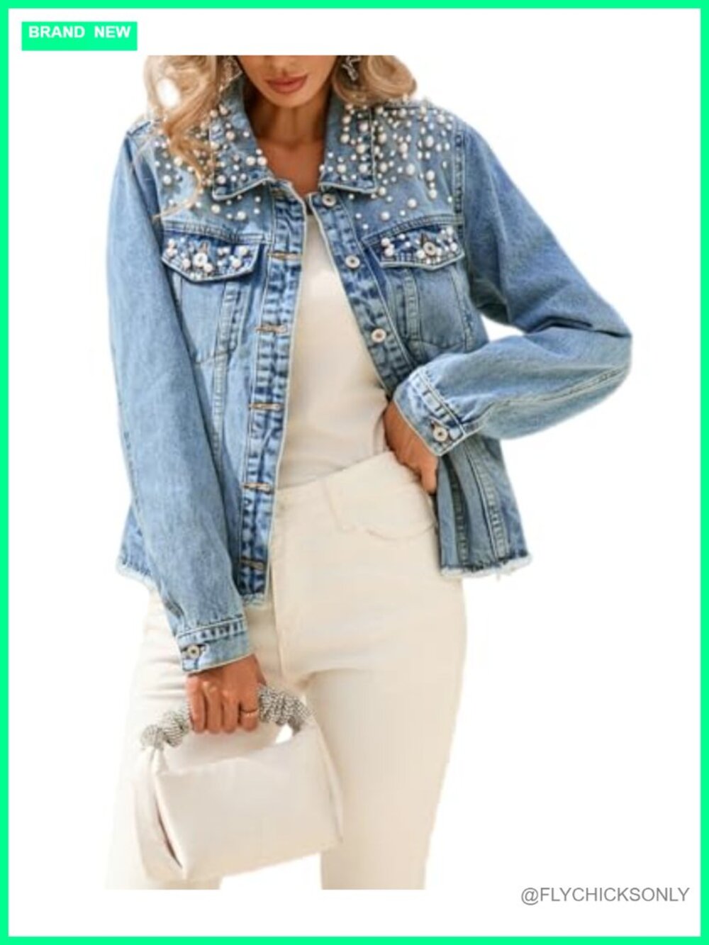 Pearl Embellished Denim Jacket Frayed Washed Button Up